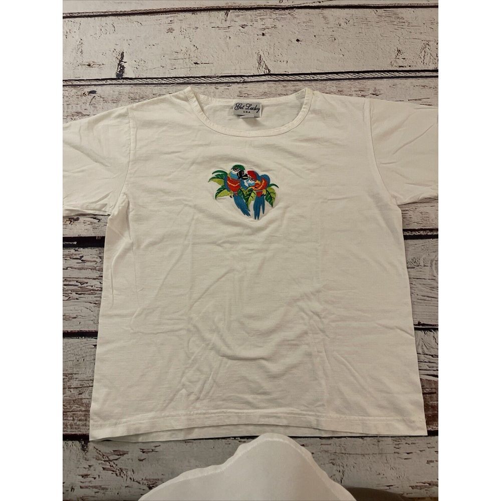 Get Lucky USA‎ Women's Parrots Embroidered Medium Made In South Africa T Shirt